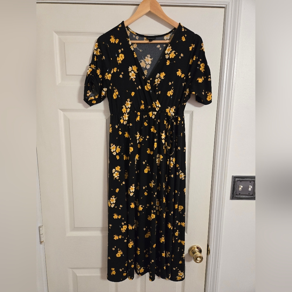 Torrid Black Midi Dress with Yellow Floral Print Size 0